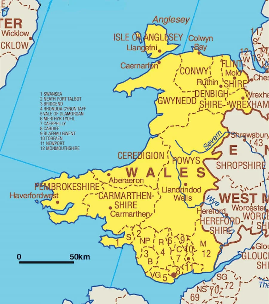 Diện tích của xứ Wales là 20.779 km2