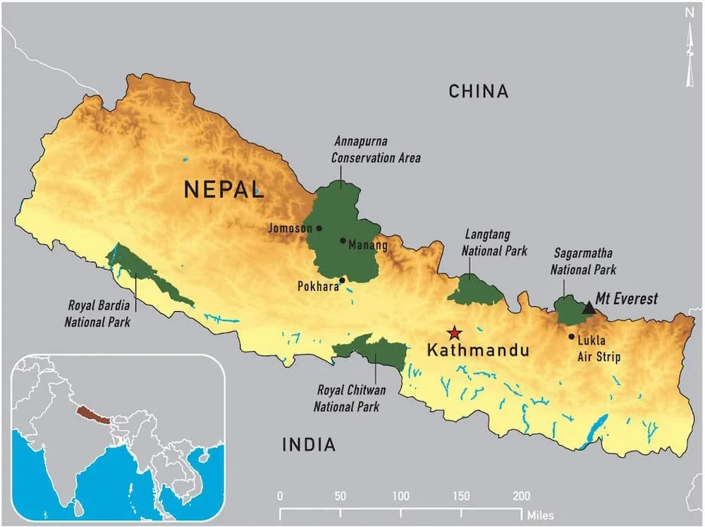 Nepal nằm ở khu vực Himalaya, giáp với Trung Quốc và Ấn Độ