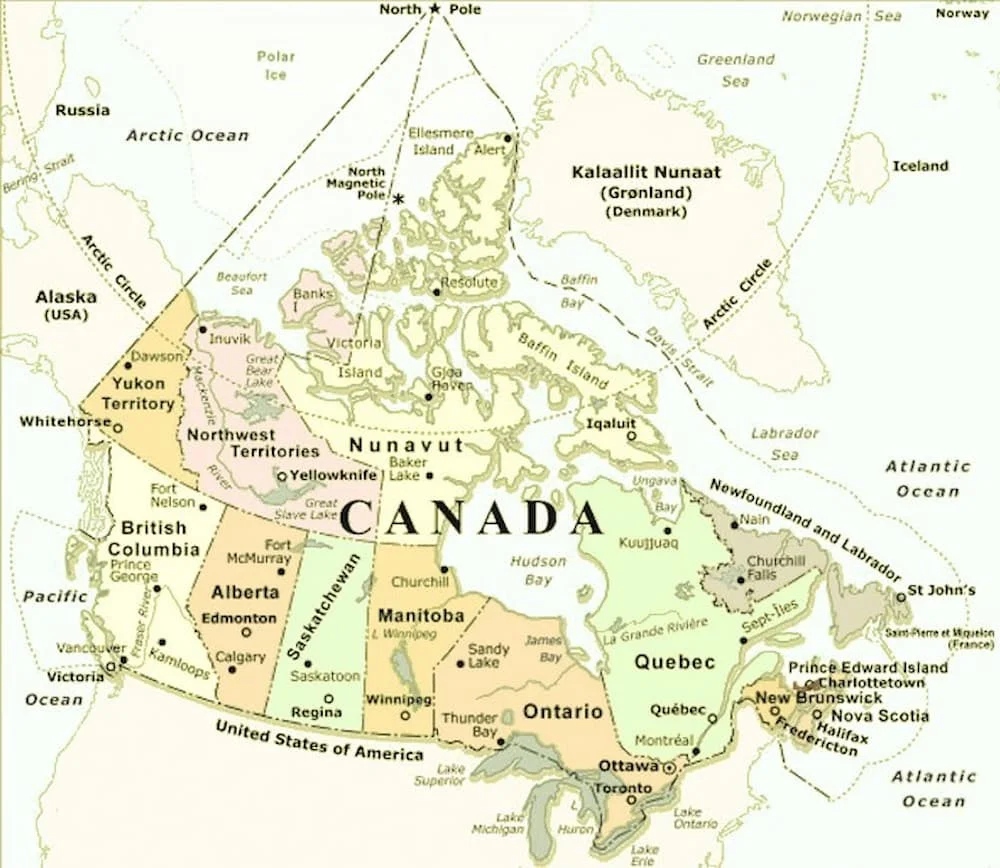 Canada rộng hơn 9.984.670 km², chỉ nhỏ hơn Nga.  