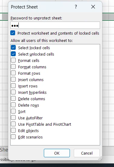 Ở hộp thoại hiện lên > Nhập mật khẩu vào ô Password to unprotect sheet > Nhấn OK Đặt mật khẩu