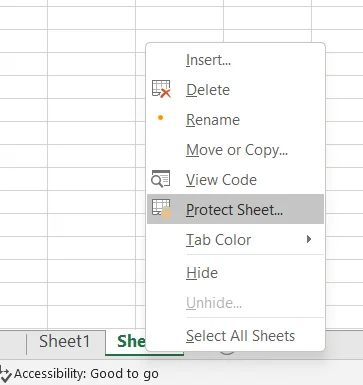 Click chuột phải vào Worksheet muốn bảo vệ > Chọn Protect Sheet Bảo vệ sheet
